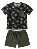 Black t-shirt with skull and antler pattern and green shorts on a light gray background