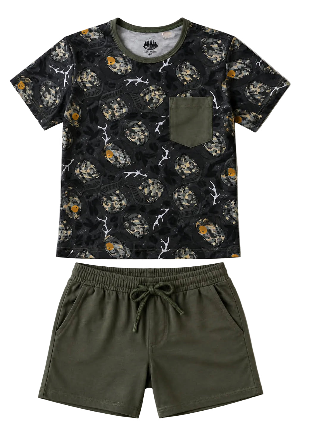 Black t-shirt with skull and antler pattern and green shorts on a light gray background