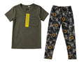 Green t-shirt with a pocket and floral-patterned pants on a light gray background. Exclusive collaboration with Comfy Panda Co. 