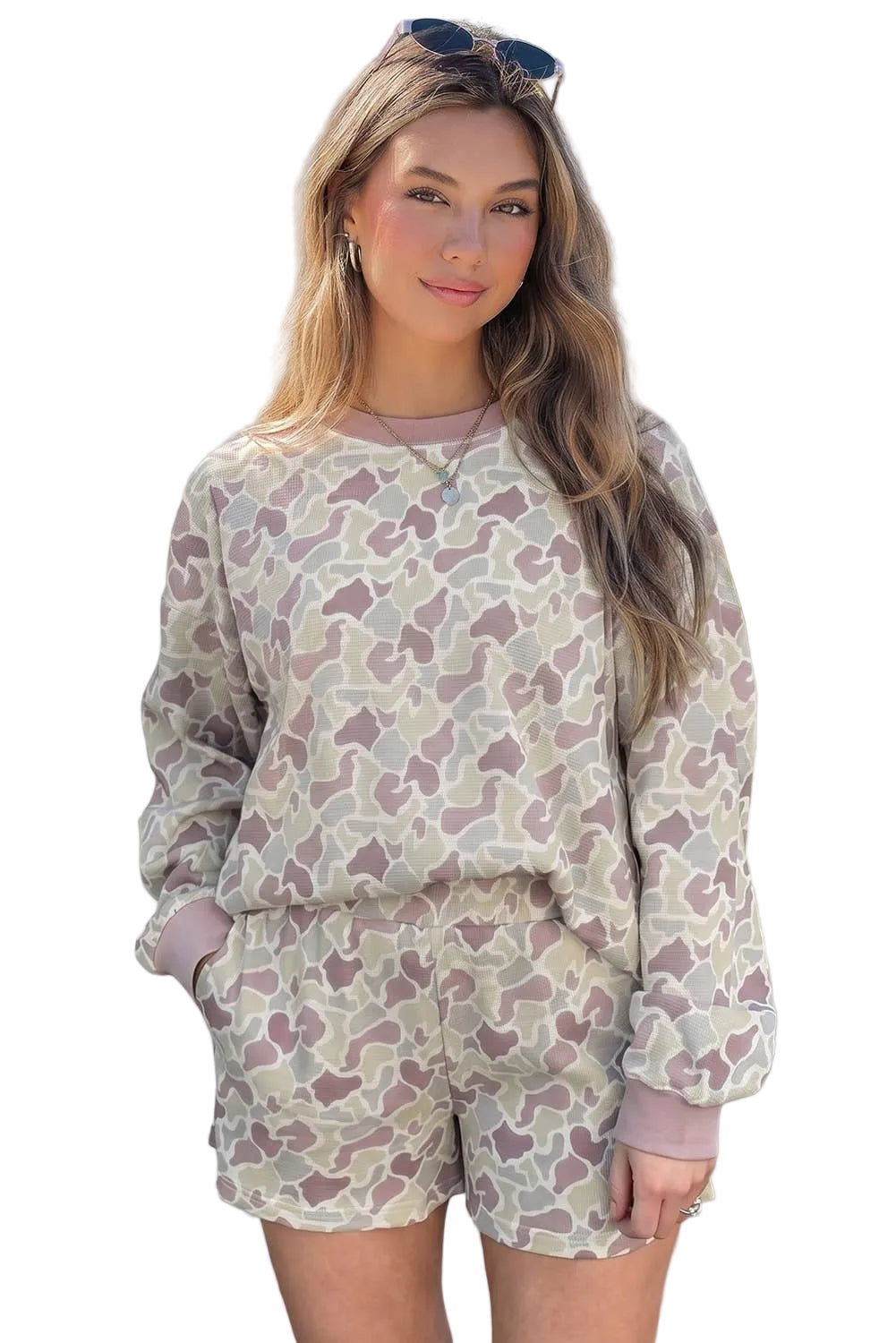 Camo Waffle Knit Long Sleeve and Shorts Set